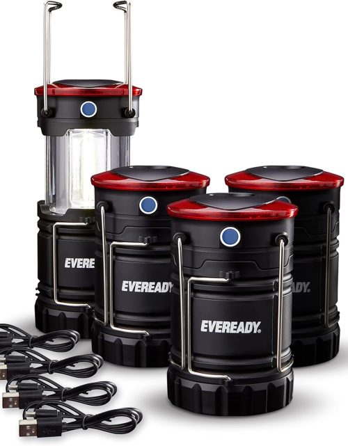 Eveready LED Camping Lanterns (4-Pack), Hybrid Power Rechargeable Collapsible Lantern Flashlights, Ultra Bright Tent Lights for Outdoors, Camping, Fishing, Emergency Black , one Size